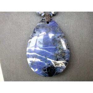 Sodalite Teardrop Pendant Necklace With Beaded Chain & Antique Silver Clasp